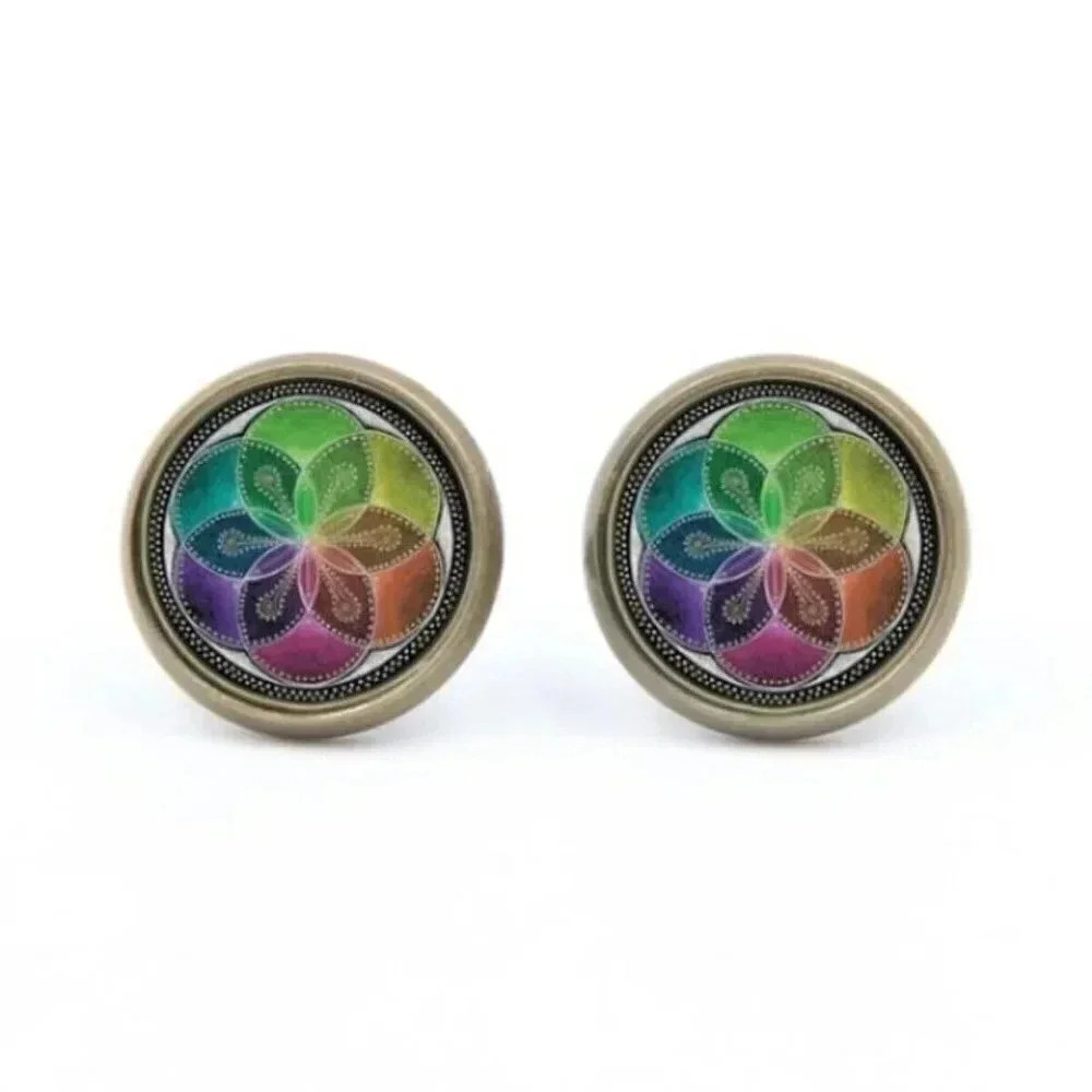 Sacred Geometry Rainbow Mandala Glass Cabochon Antique Bronze Stud Earrings